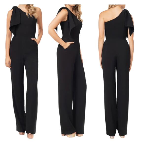 Dress The Population NWT Tiffany One-Shoulder Jumpsuit Size XL Black Pockets - Picture 1 of 9